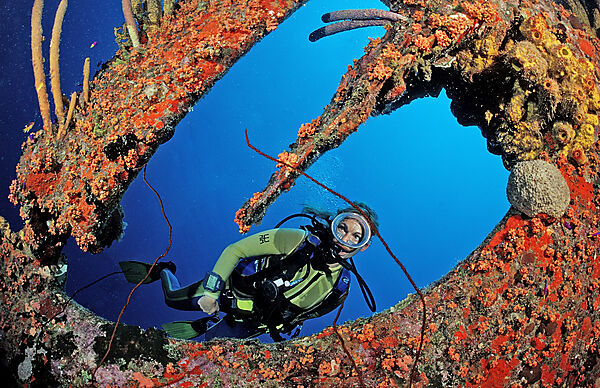 Taucher am Hilma Hooker Schiffswrack