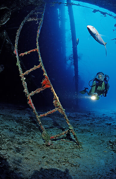 Scuba diver on the Hilma Hooker Ship Wreck