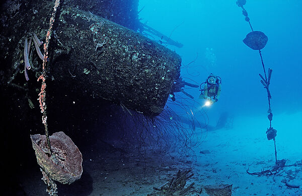 Scuba diver on the Hilma Hooker Ship Wreck