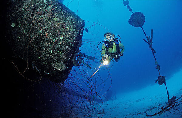 Scuba diver on the Hilma Hooker Ship Wreck