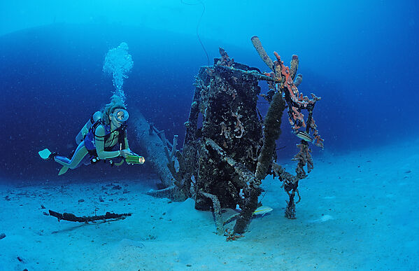 Scuba diver on the Hilma Hooker Ship Wreck