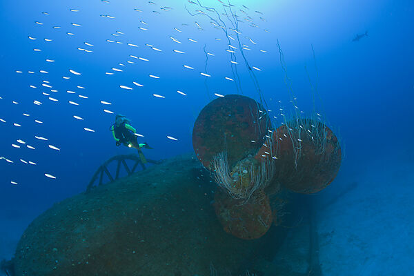 Diver at Propeller of Wreck USS Anderson Destroyer