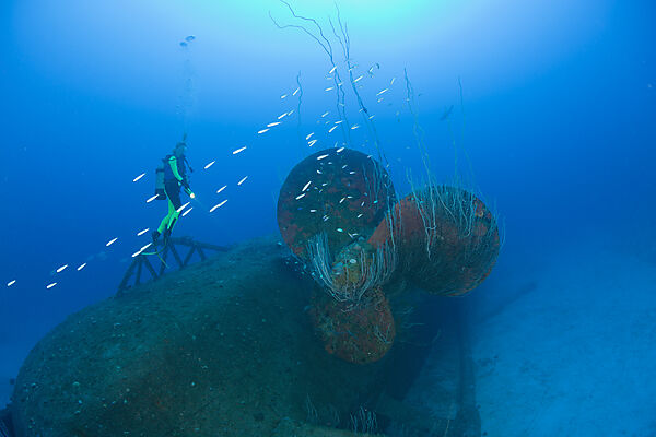 Diver at Propeller of Wreck USS Anderson Destroyer