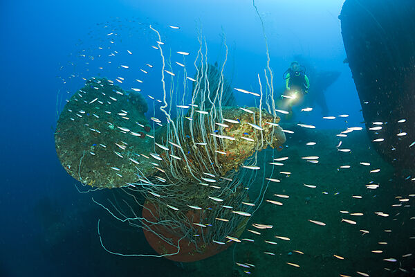 Diver at Propellers of HIJMS Nagato Battleship