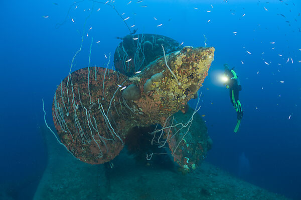 Diver at Propeller of HIJMS Nagato Battleship