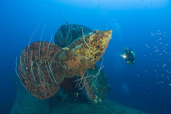 Diver at Propeller of HIJMS Nagato Battleship