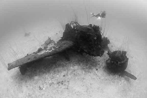 Taucher ueber Kampfflugzeug neben der USS Saratoga