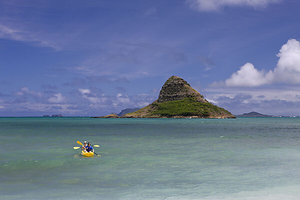 Canoe near Chinamans Hat at Kualoa Park of Kaneohe Bay