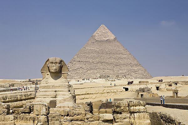 Great Sphinx of Giza against Khafra Pyramid