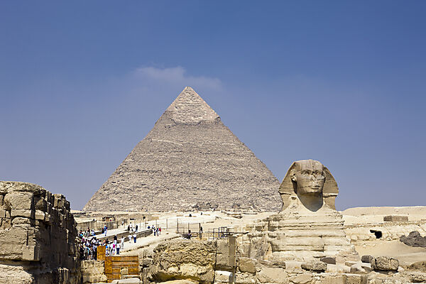 Great Sphinx of Giza against Khafra Pyramid