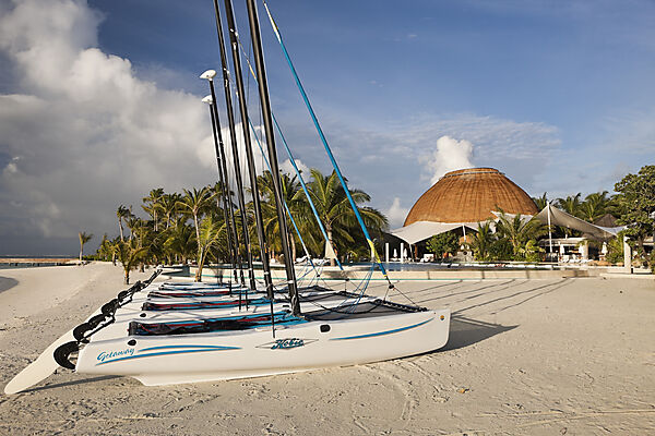 Catamaran on Beach of Maldive Island Kandooma