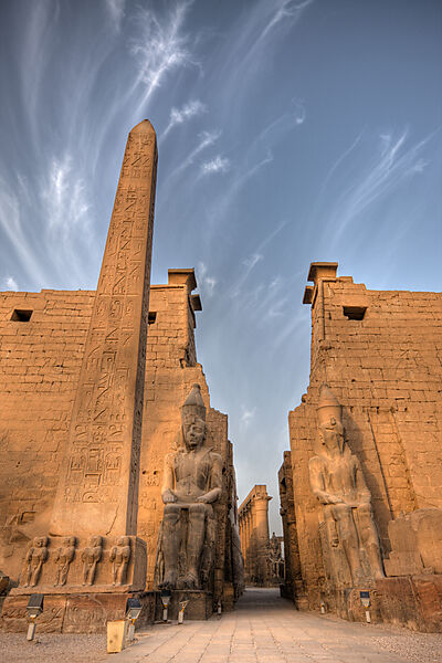 Entrance of Luxor Temple with Ramesses II Statues and Obelisk