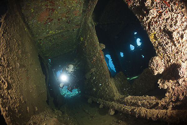 Scuba Diver at Umbria Wreck, Wingate Reef, Red Sea, Sudan
