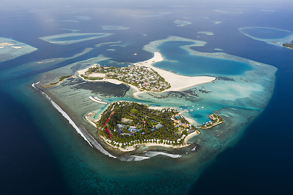 Vacation Island Kandooma and Inhabited Island Guraidhoo, South Male Atoll, Indian Ocean, Maldives