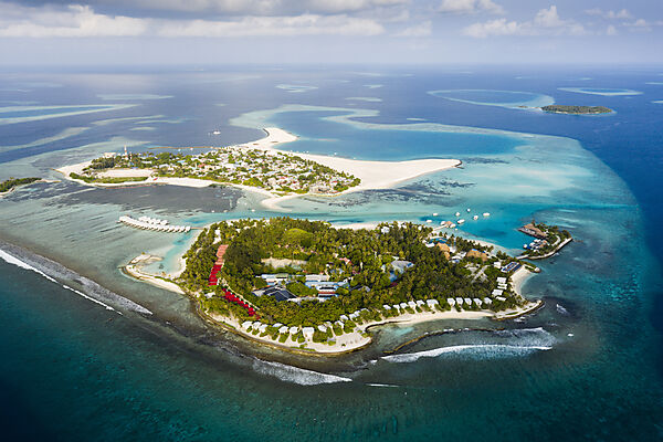 Vacation Island Kandooma and Inhabited Island Guraidhoo, South Male Atoll, Indian Ocean, Maldives