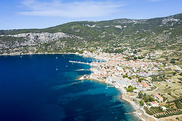 Town and bay of Komiza, Vis Island, Mediterranean Sea, Croatia