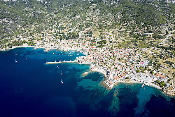 Town and bay of Komiza, Vis Island, Mediterranean Sea, Croatia