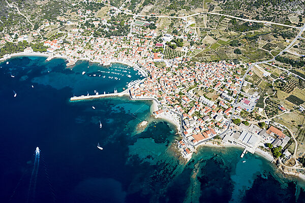 Town and bay of Komiza, Vis Island, Mediterranean Sea, Croatia